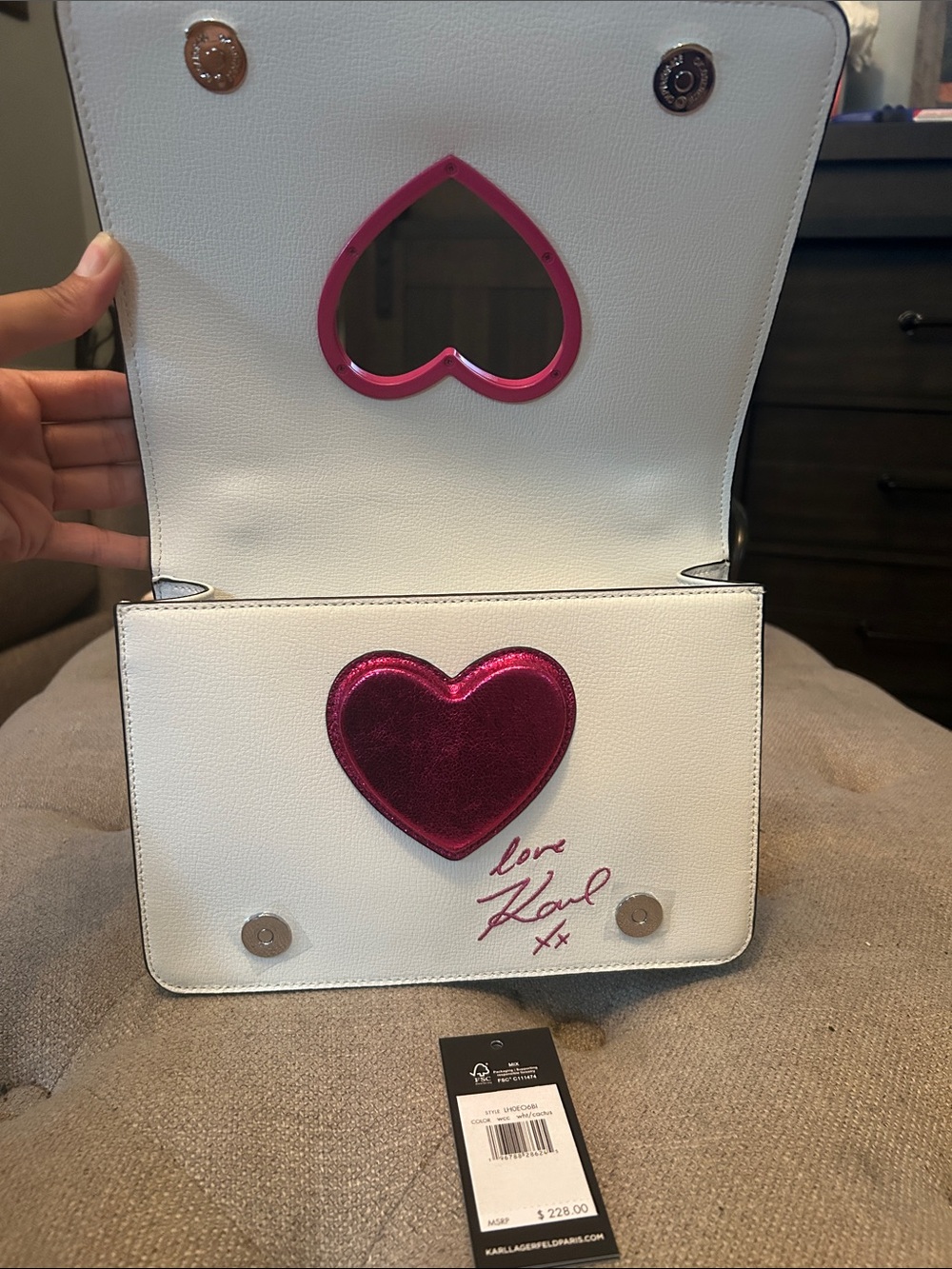 KARL LAGERFELD PARIS Simone Heart Flap Leather Bag - White/Cactus Pink Crossbody - Picture 8 of 11
